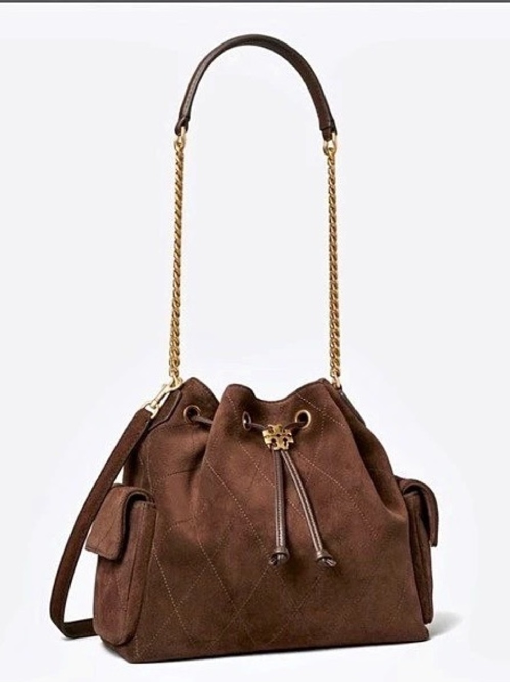 NWT Tory Burch Charlie Quilted Suede Drawstring Shoulder Bag Cocoa